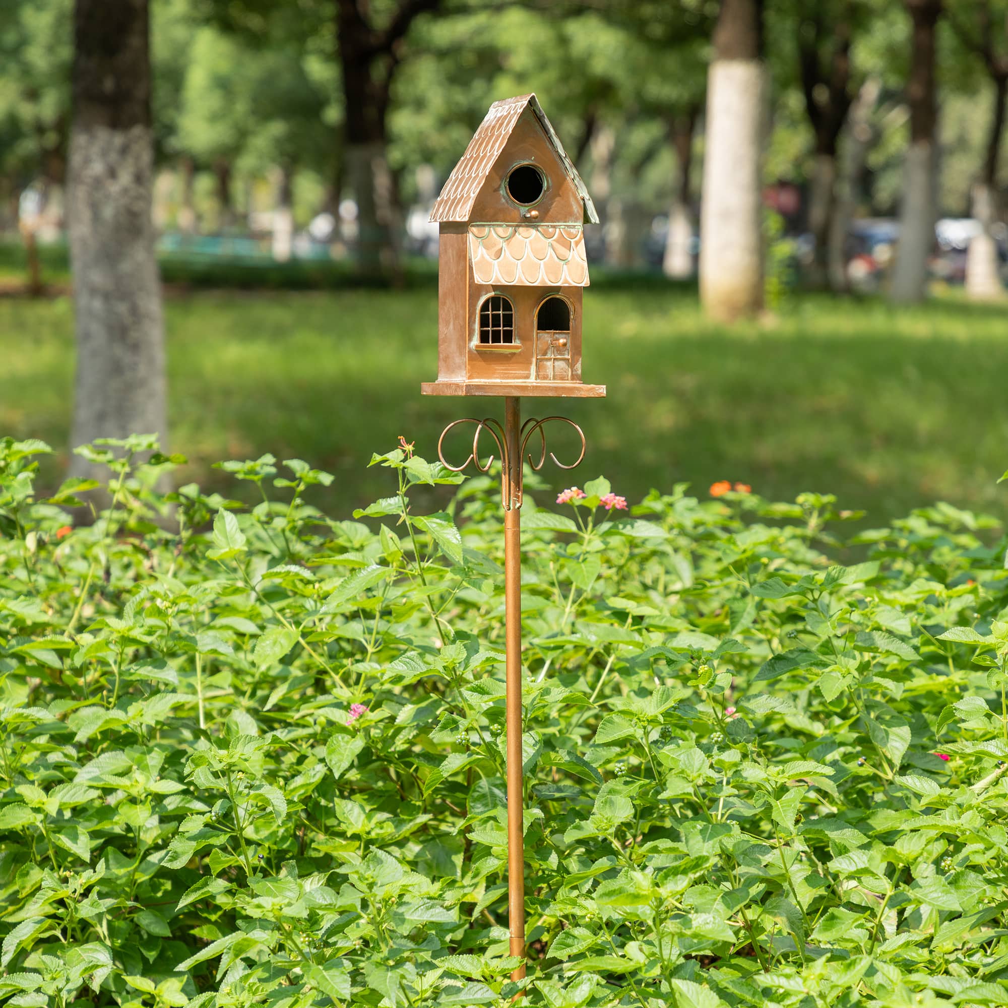 Glitzhome® 53" Farmhouse Faux Copper 2-Tiered Metal Garden Birdhouse with Stake